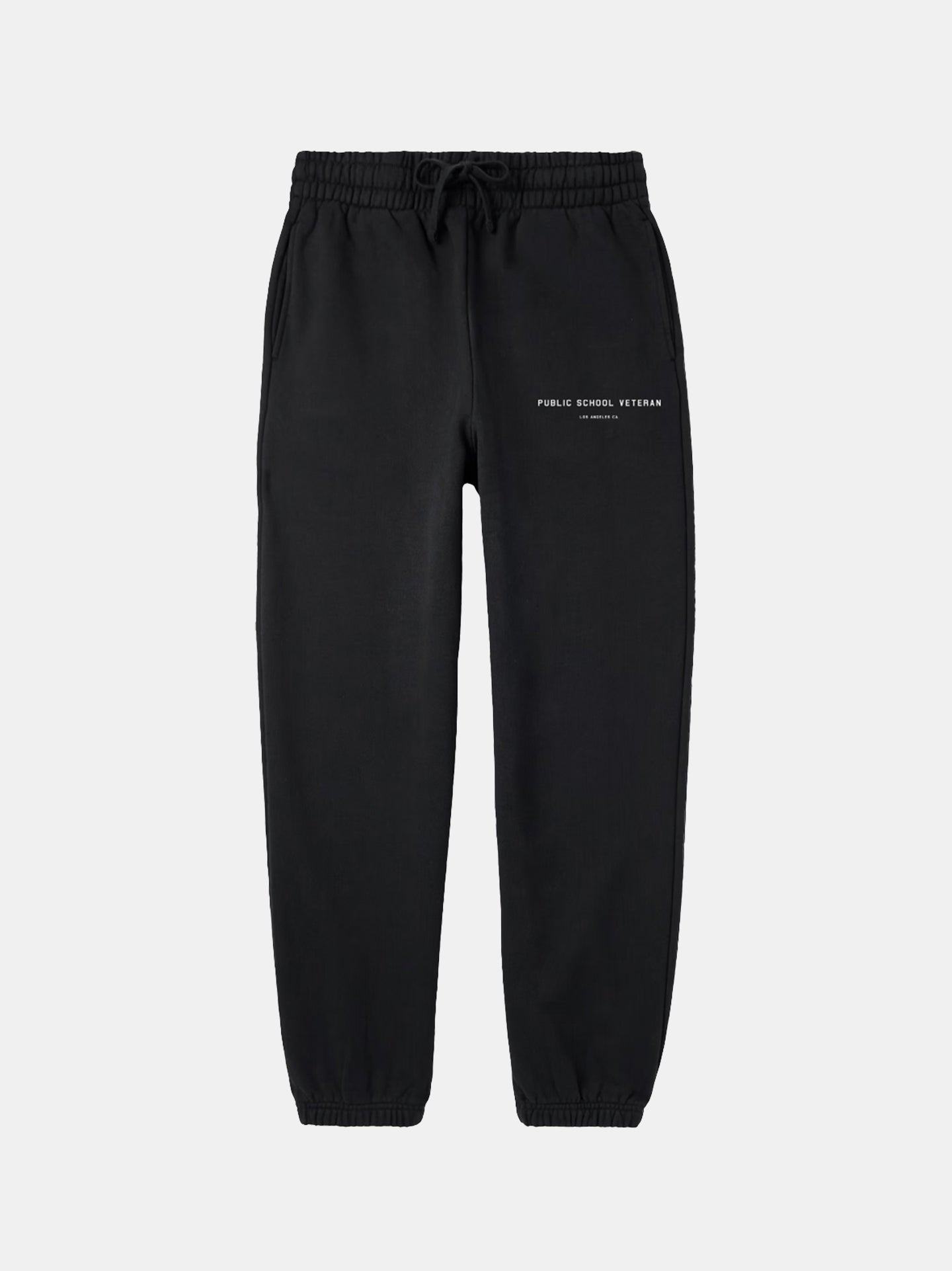 Black sweatpants with a brand logo on a white background