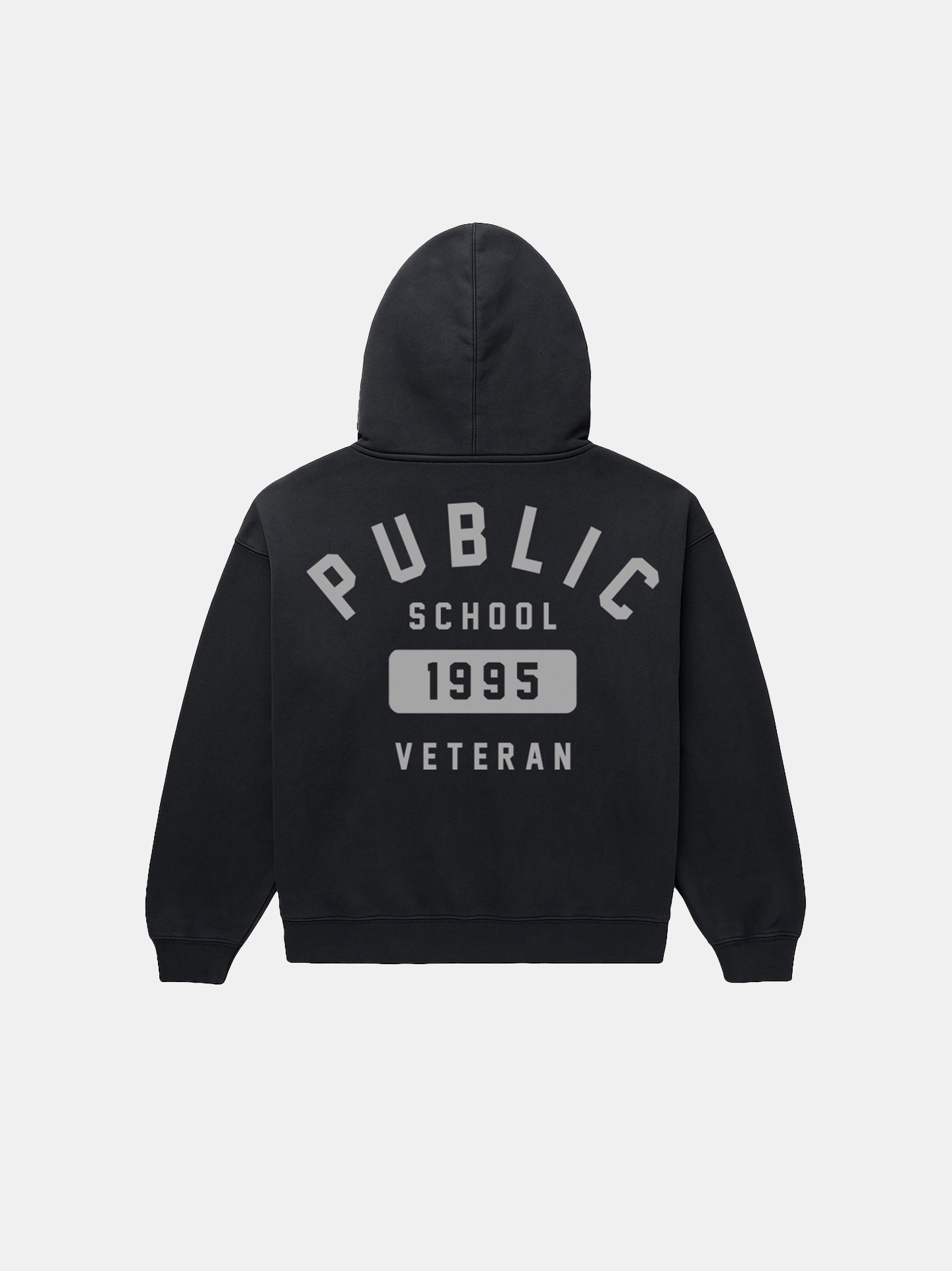 Black hoodie with 'Public School 1995 Veteran' text on the back against a white background