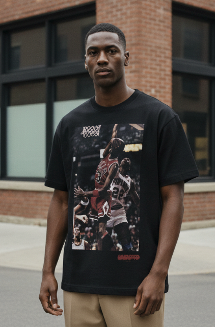 Man wearing a black t-shirt with a graphic design of a basketball player, standing in front of a brick building.