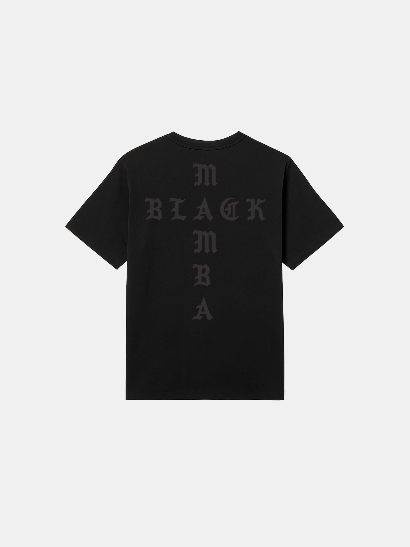 Black t-shirt with text on the back against a white background