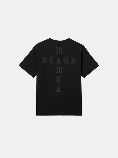 Black t-shirt with text on the back against a white background