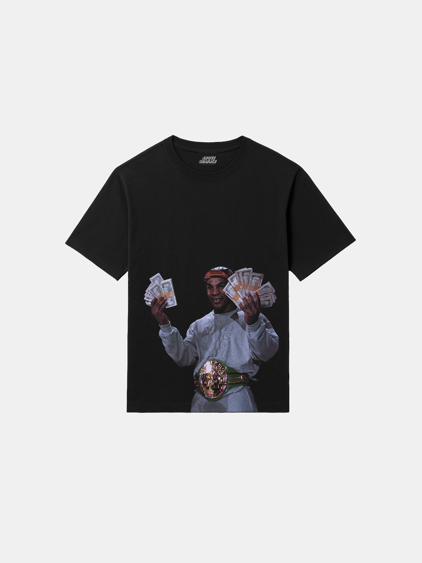 Black t-shirt with a graphic of a person holding money on a white background