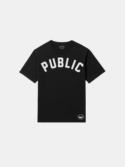 Black t-shirt with 'PUBLIC' text on a white background