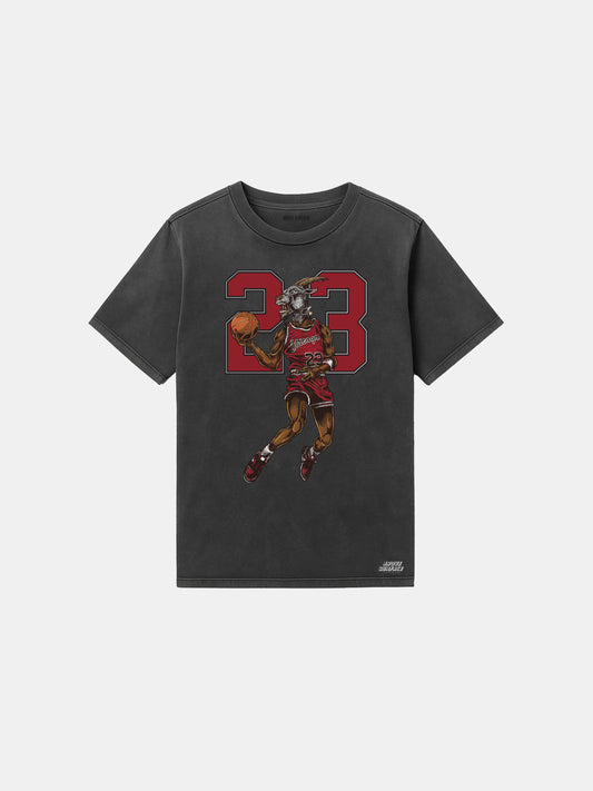 Black t-shirt with a graphic of a basketball player and the number 23 on a white background