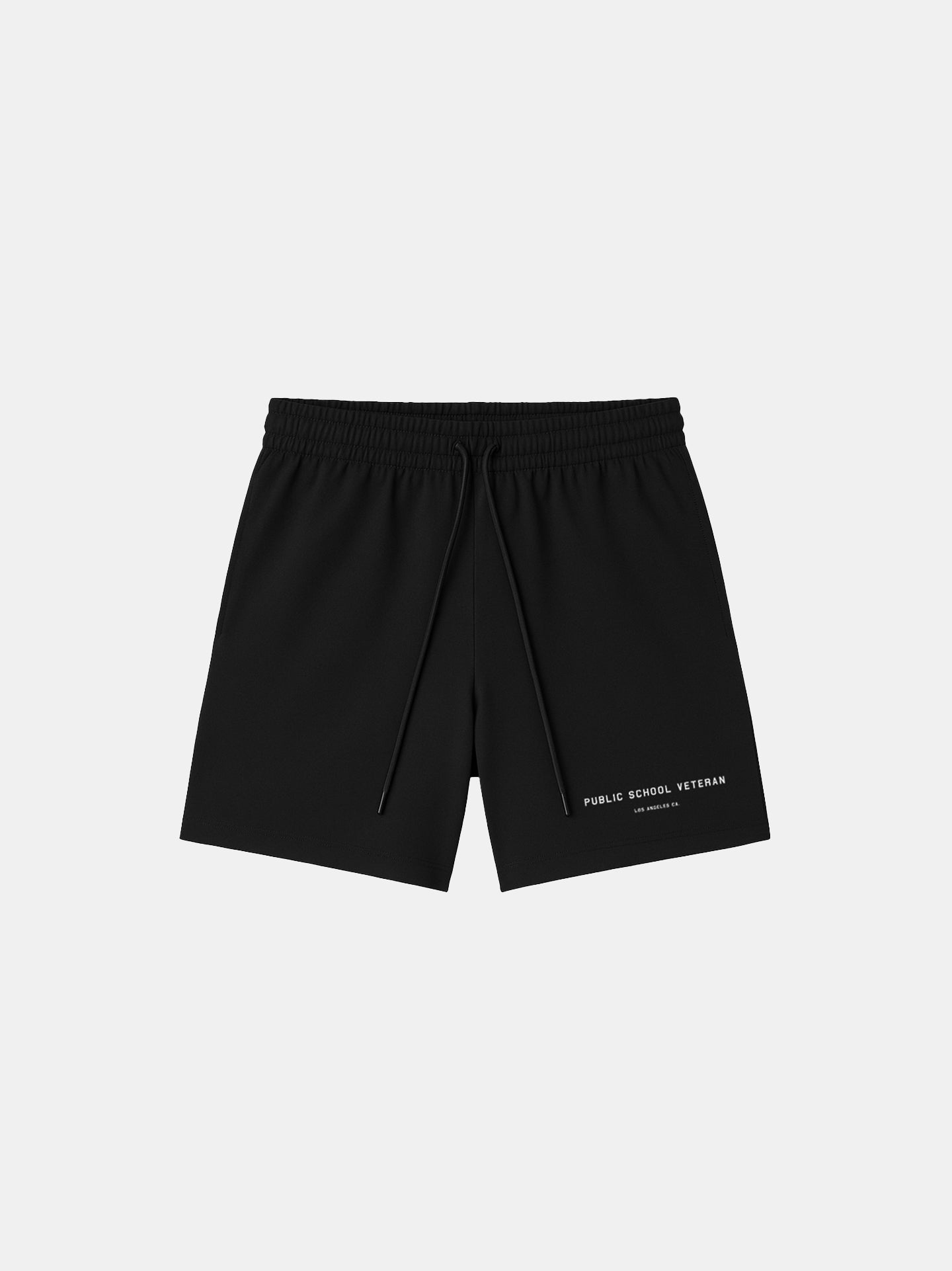 Black shorts with a brand logo on a light gray background