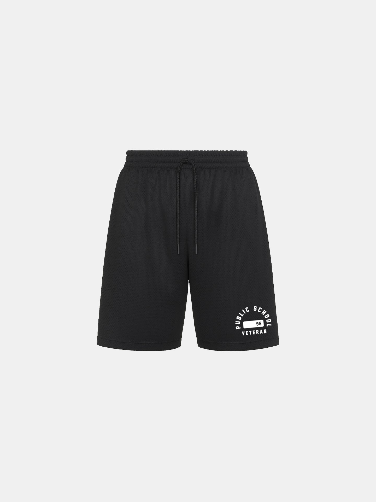 Black shorts with a logo on a light gray background