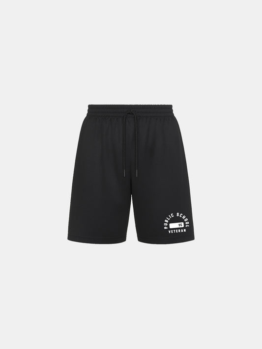 Black shorts with a logo on a light gray background