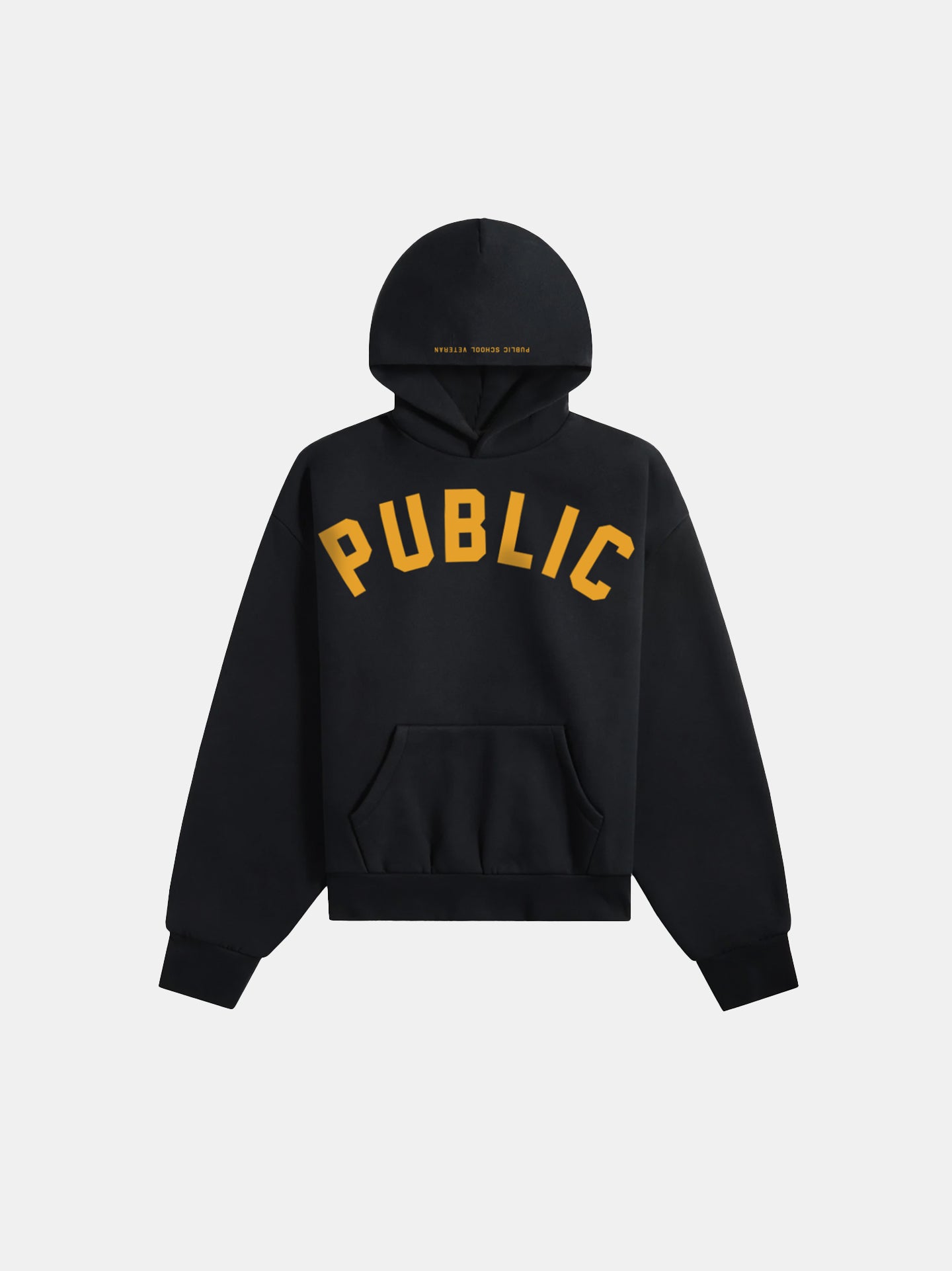 Black hoodie with 'PUBLIC' text in yellow on a light gray background