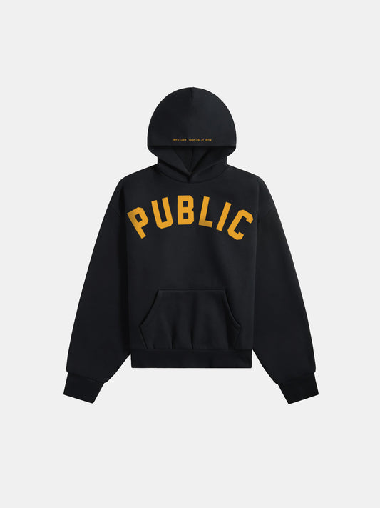 Black hoodie with 'PUBLIC' text in yellow on a light gray background