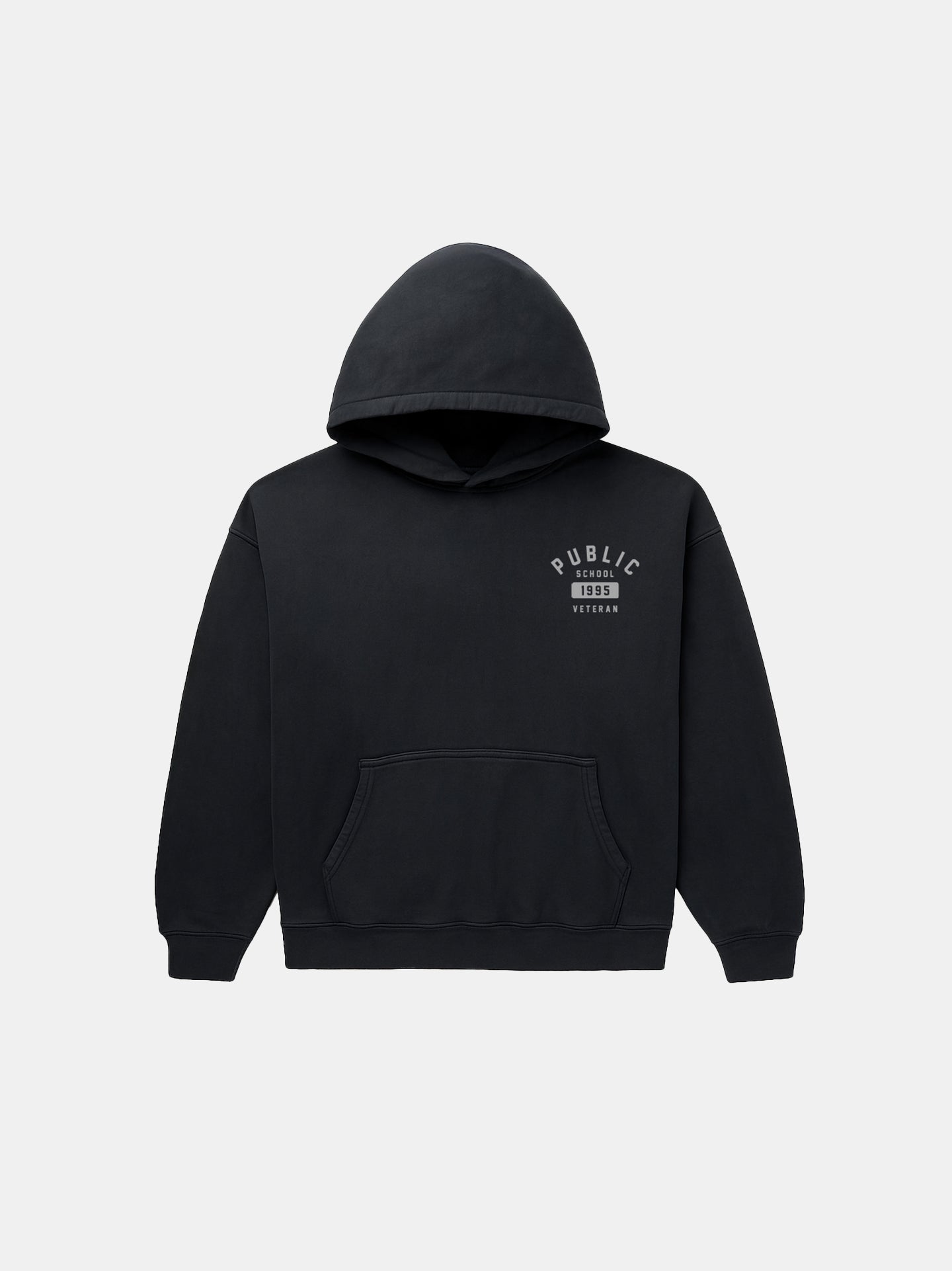 Black hoodie with a logo on the chest against a white background