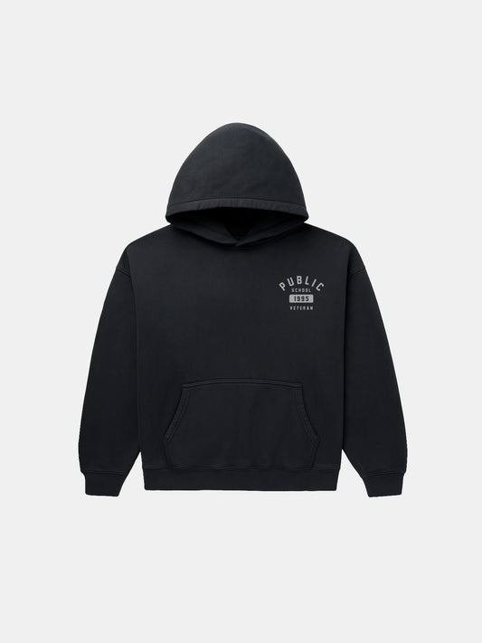 Black hoodie with a logo on the chest against a white background