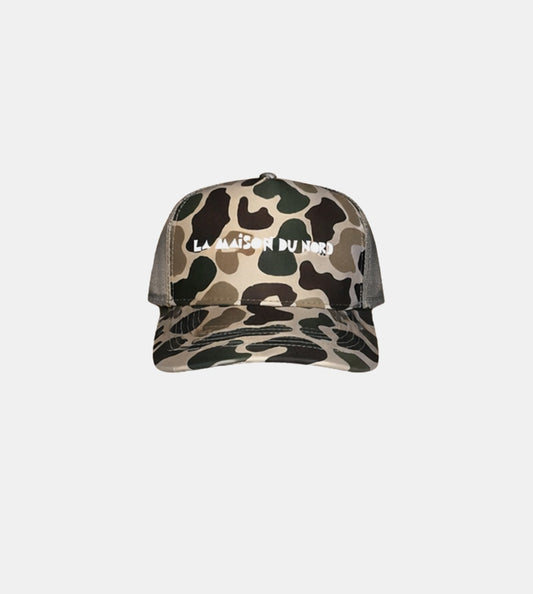 Camouflage cap with brand logo on a white background