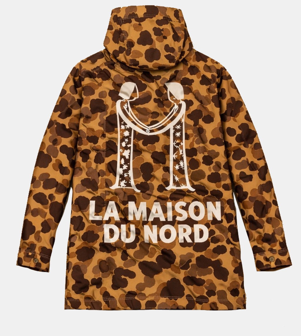 Leopard print jacket with 'La Maison du Nord' branding on a light gray background