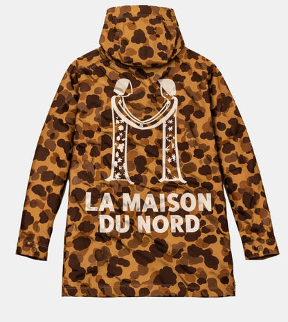 Leopard print jacket with 'La Maison du Nord' branding on a light gray background