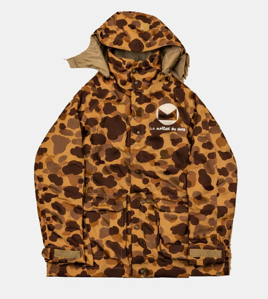 Leopard print jacket with a brand logo on a white background